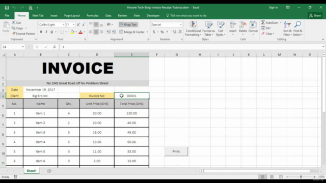 Learn To Create an Automated Invoice or Receipt - Excel 2016 – Screenshot 2
