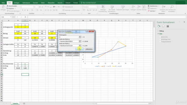 Excel-Kurs für Ingenieure: Kräftezerlegung, Fachwerkbrücke – Screenshot 2