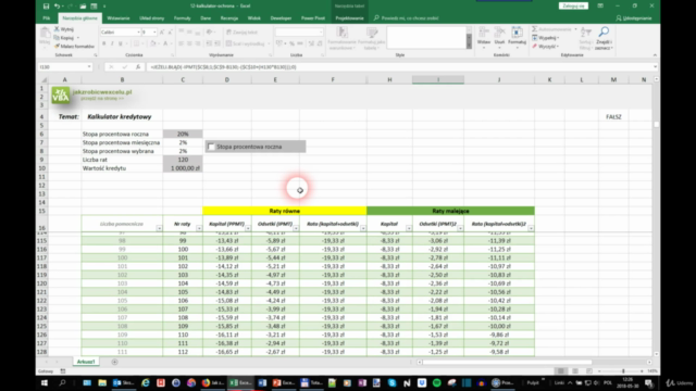 Excel 2016. Jak zrobić kalkulator kredytowy? – Screenshot 2