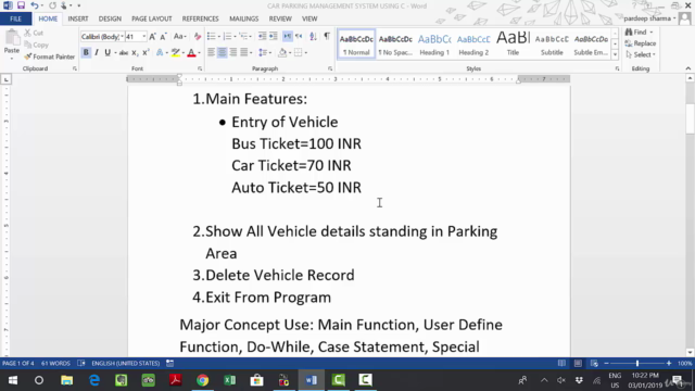 CAR PARKING MANAGEMENT SYSTEM USING C++ – Screenshot 1