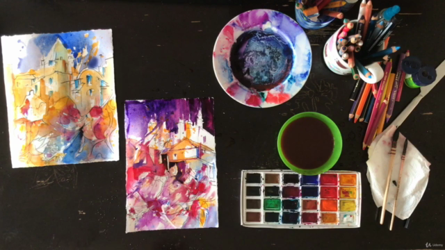 Aquarell. Stimmungsvolle Hafenlandschaft in Spanien. – Screenshot 1
