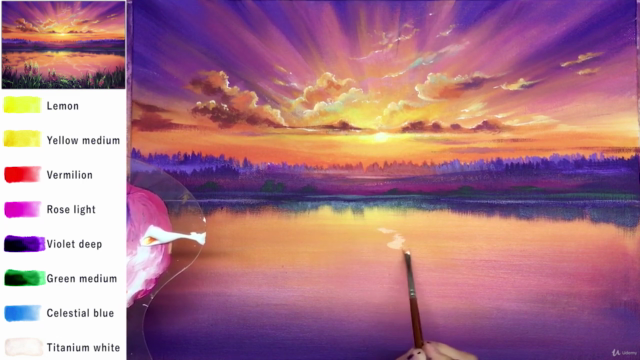 Acrylic lesson - Lake sunset with rays of sun - Landscape – Screenshot 3