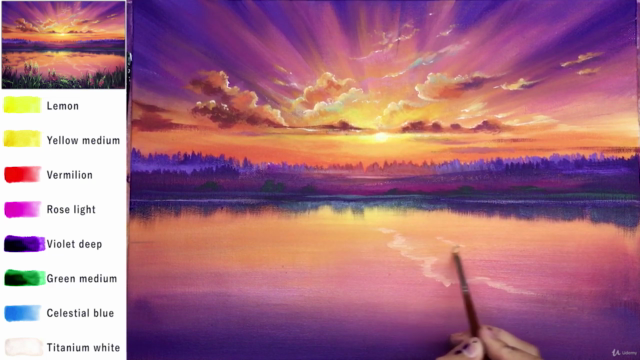 Acrylic lesson - Lake sunset with rays of sun - Landscape – Screenshot 4
