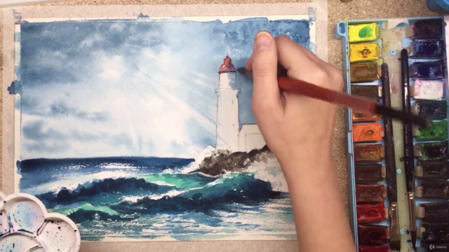 Watercolor lesson - Lighthouse by the sea - Landscape – Screenshot 3