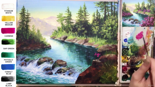 Acrylic lesson - Waterfall and blooming - Landscape – Screenshot 4