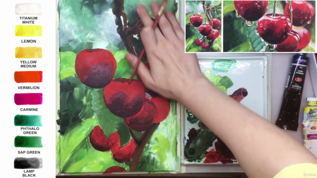 Acrylic lesson - Water Drops on Cherry - Fruit painting – Screenshot 3