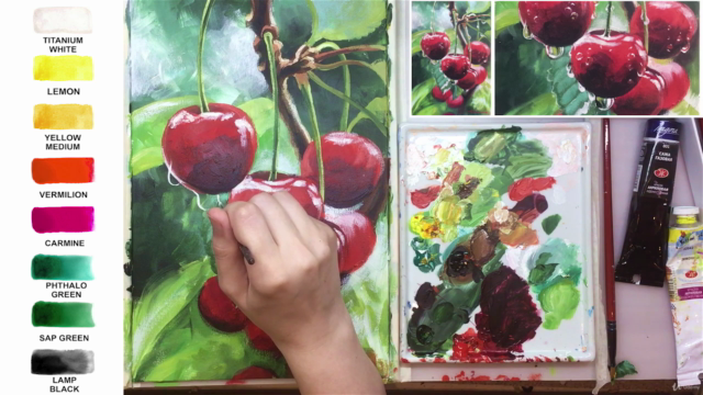 Acrylic lesson - Water Drops on Cherry - Fruit painting – Screenshot 4