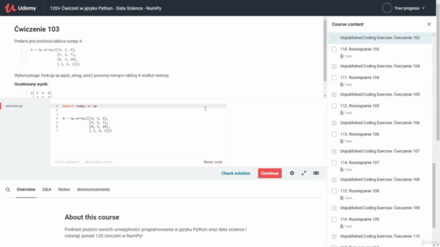 120+ Ćwiczeń w języku Python - Data Science - NumPy – Screenshot 3