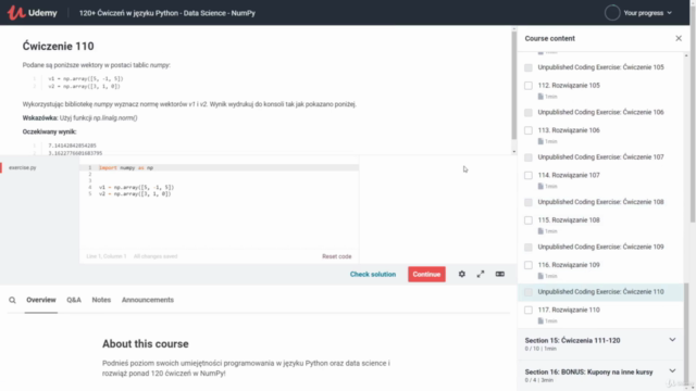 120+ Ćwiczeń w języku Python - Data Science - NumPy – Screenshot 4