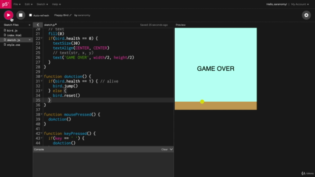 Make A Flappy Bird Game using JavaScript & P5.js framework – Screenshot 3