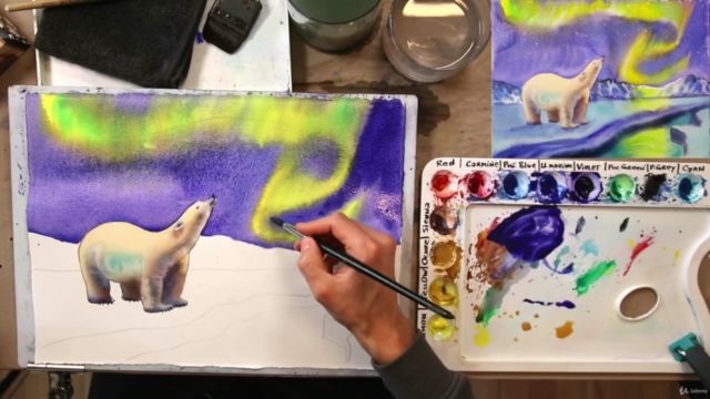 Eisbär und Polarlicht in Aquarell Malen – Screenshot 3