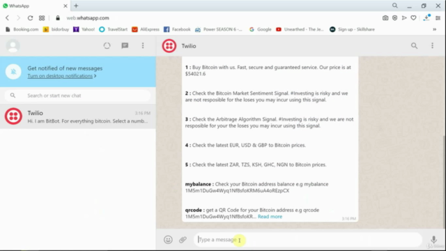 WhatsApp Bitcoin ChatBot w/ Python/Django, Twilio & AWS – Screenshot 2