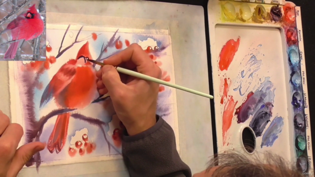 Winter in Aquarell - Kardinalvogel auf Eberesche – Screenshot 2