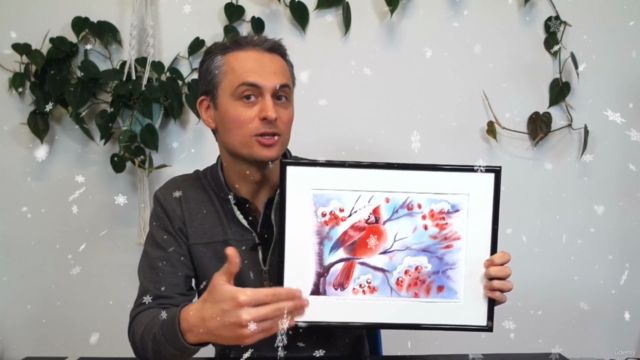 Winter in Aquarell - Kardinalvogel auf Eberesche – Screenshot 3