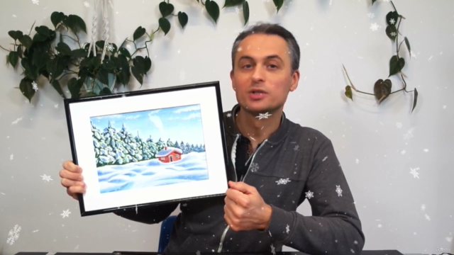 Wintermotiv in Aquarell - Verschneite Hütte – Screenshot 1